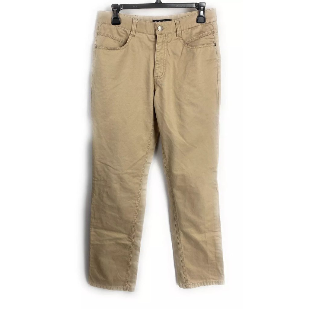 Gucci Mens Tan Crest Logo Pants Zip Closure Size 31x33